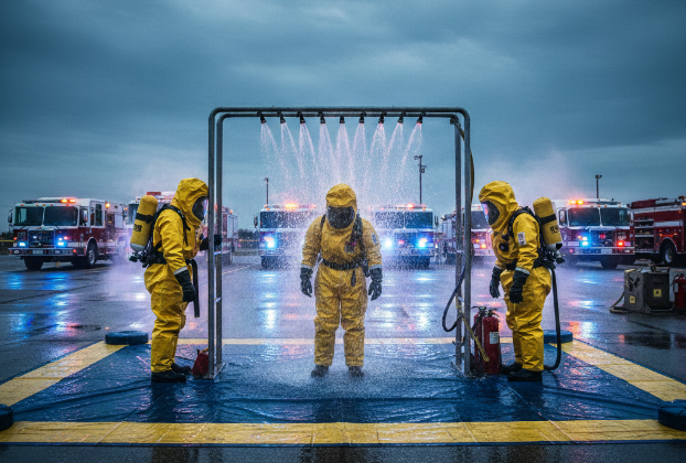 Hazmat Decontamination is an essential part of hazardous materials training. This image shows a decontamination shower being used